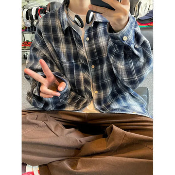 Riolio 5XL Long Sleeved Shirt Men Oversized Retro Plaid Shirt Men Japanese Streetwear Loose Casual Shirt Mens Vintage Shirts Plus Size